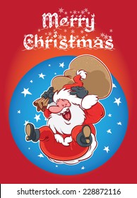 Hand drawn vector Santa Claus illustration jumping in air with sack.