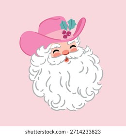 Dibujado a mano Vector Santa Claus cabeza con sombrero de vaquero. Clipart de impresión de Navidades de Antiguas sobre fondo aislado. Perfecto para tarjeta, logotipo o diseño de impresión de vivero. Archivo de Vector EPS10.
