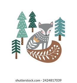 Hand drawn vector Scandinavian woodland illustration with cute wolf in pine tree forest. Perfect for tee summer t-shirt logo design, greeting card, poster, invitation or nursery print.