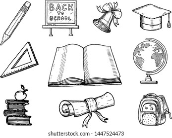 Hand drawn vector school object set. Back to school illustrations. Sketch doodle.