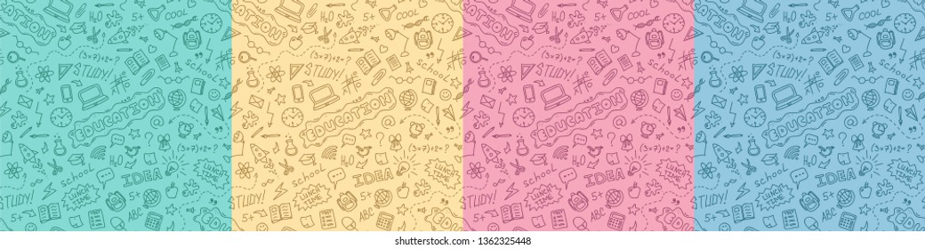 Hand drawn vector school seamless pattern with doodles icons set on green, yellow, pink, blue background. Education concept background