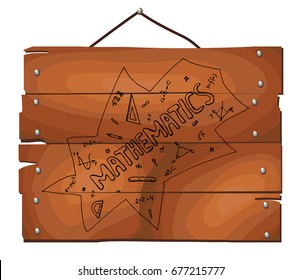 Hand drawn vector school set, mathematics on wooden plank background.