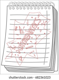 Hand drawn vector school set, mathematics on notebook background.