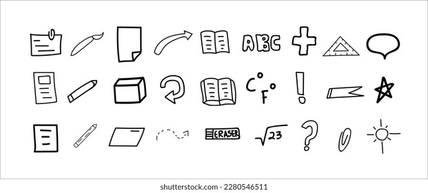 Hand Drawn Vector. School Supplies Isolated back to School objects and lettering