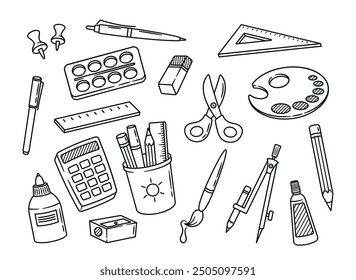 Hand Drawn Vector School Supplies Including Scissors, Pens, Calculator, Ruler, Compass And Glue. Black And White Sketch