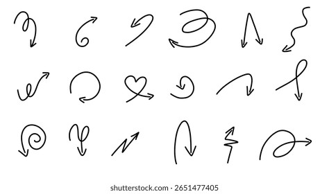 Setas de rabisco de vetor desenhadas à mão definidas. Caneta de rabiscar, marca escrita à mão, apontando. Coleção isolada sobre fundo branco. 