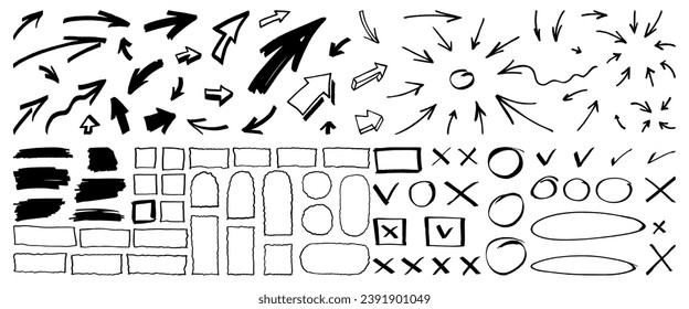 Hand drawn vector scribble check boxes, arrows, arch shaped frames. Grunge sketch right wrong tick boxes, cross marks, wavy rectangles, circles, arrows, arches. Emphasis arrow info graphic  elements