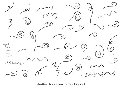 Hand drawn vector scribble curves set. Whirl, stroke, wind, movement. Pen doodle, hand written. Collection isolated on white background.