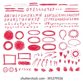 Hand drawn vector scribbles set. Frames, highlights, arrows, speech bubbles, letters and numbers and doodles for your design.