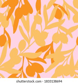 Hand drawn vector sea buckthorn branches pattern. Sea buckthorn graphic textile pattern. Silhouettes of berries.