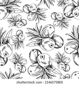 Hand drawn vector sea buckthorn branches pattern. Wild textile paper pattern. Forest berries sketch illustration.