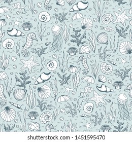 Hand drawn vector sea life seamless pattern with seahorses, fish, starfish, corals, seashells and jellyfish outline on the blue background. Underwater animals line art.