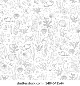 Hand drawn vector sea life seamless pattern with seahorses, fish, starfish, corals, seashells and jellyfish gray outline on the white background.