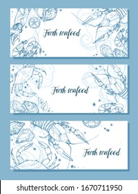 Hand drawn vector seafood horizontal banner. Seafood sketch poster. Vintage illustration for restaurant menu design