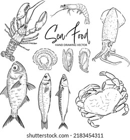 Hand drawn vector seafood set vintage style