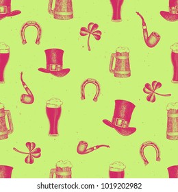 Hand drawn vector seamles pattern with leprechaun hat, clover, beer mug, barrel, golden coin pot for St. Patrick's Day. Irish vintage illustration.