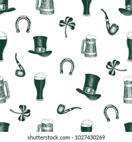 Hand drawn vector seamles pattern with leprechaun hat, clover, beer mug, barrel, golden coin pot for St. Patrick's Day. Irish vintage illustration.
