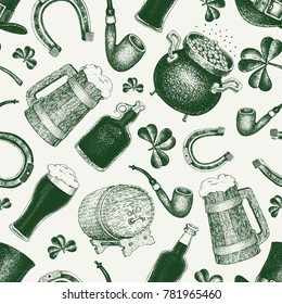 Hand drawn vector seamles pattern with leprechaun hat, clover, beer mug, barrel, golden coin pot for St. Patrick's Day. Irish vintage illustration.