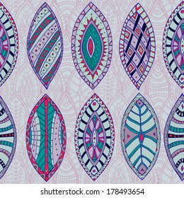 Hand drawn vector seamless abstract ethnic pattern with ornamental foliage.