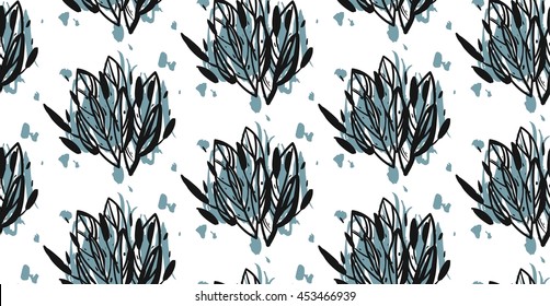Hand drawn vector seamless abstract doodle fantasy flower pattern on white background.Succulent illustration.Pattern for home decor,wrapping paper,print,wallpaper,pattern fills, web page background.