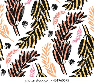 Hand drawn vector seamless abstract floral pattern with branches isolated on white background.Branches silhouette with leaves pattern.