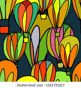 hand drawn vector seamless air balloon pattern with baloons, rainbows and clouds. cartoon style for kids. fabric design, textile, wrapping paper design. background, for cards or decoration design.