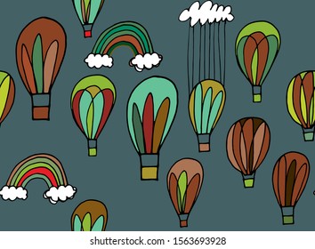 hand drawn vector seamless air balloon pattern with balloons, rainbows and clouds. cartoon style for kids. fabric design, textile, wrapping paper design. background, for cards or decoration design.
