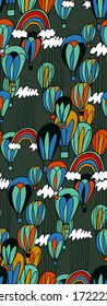 hand drawn vector seamless air balloon pattern with balloons, rainbows and clouds. cartoon style for kids. fabric design, textile, wrapping paper design. background, cards wallpaper design.