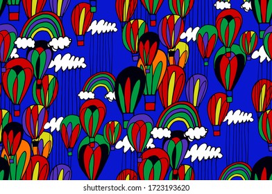 handgezeichnete, nahtlose Luftballonmuster mit Ballons, Regenbögen und Wolken. Cartoon-Stil für Kinder. Stoffdesign, Textilien, Verpackungspapier-Design. Hintergrund, Karten, Tapete-Design.
