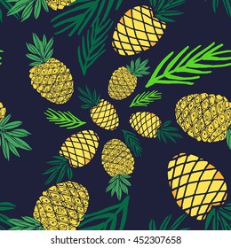 Hand drawn  vector seamless background. Fruits pattern with  pine apple, palm leaves. Summer theme. 