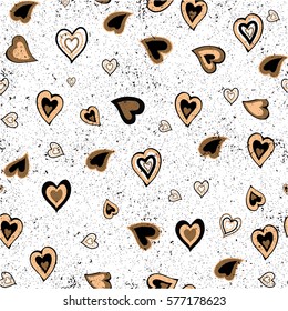 Hand drawn vector seamless background pattern with hearts. Gold and black backdrop for wrapping paper, greeting cards, posters, invitation, wedding and Valentines cards.