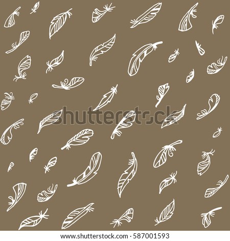 Hand drawn vector seamless beige texture. Background with bird feathers. Boho style patterned elements, sketch, tribal, ethnic template.
