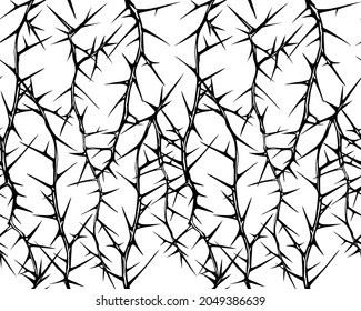 Hand drawn vector seamless black and white pattern of tangled vertical briar patch with stems and thorns.