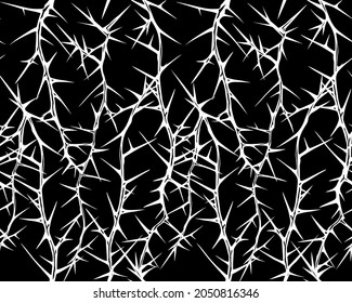 Hand Drawn Vector Seamless Black And White Pattern Of Tangled Vertical Briar Patch With Stems And Thorns.