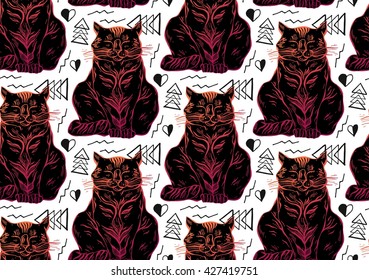 Hand drawn vector seamless black cat pattern.Cat art.Cat illustration on white background.