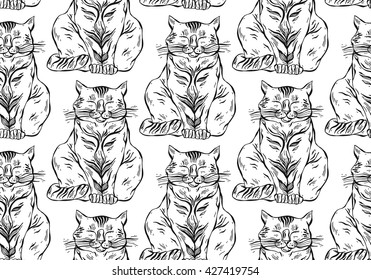 Hand drawn vector seamless black and white line cute cats pattern.