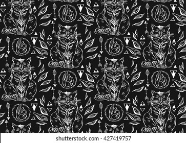 Hand drawn vector seamless black and white line cute cats pattern.Cat art background.Cat with hand,arrows and triangles on black background.