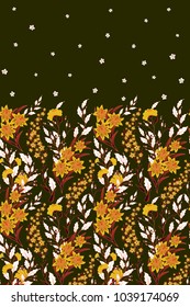 Hand drawn vector seamless border of wild flowers and herbs. Vertical seamless herbal graphic illustration or background. Orange on green