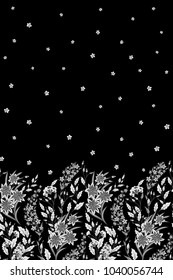 Hand drawn vector seamless border of wild flowers and herbs. Vertical seamless herbal graphic illustration or background. Black and white.