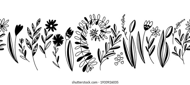 Hand Drawn Vector Seamless Border With Flowers And Herbs. Stock Illustration With Easter Plants.