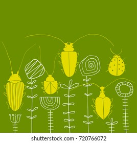 Hand drawn vector seamless border pattern with abstract beetles and flowers on green background