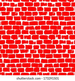 Hand drawn vector seamless with bricks in bright red. Texture for web, print, wallpaper, textile, fabric, construction company website, computer game.