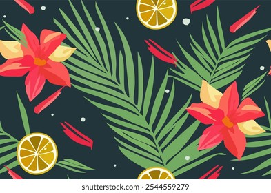 Hand drawn
vector seamless bright summer pattern
with tropical flowers, fruits
lemons, green palm leaf. Floral 
fashion ornament for women clothing, fabric, 
textile, paper, notepad, packaging.