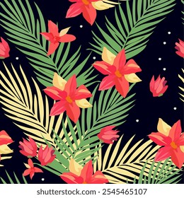 Hand drawn vector seamless bright summer hawaiian pattern with tropical flowers, green palm leaf. Floral fashion ornament for women clothing, fabric, textile, paper, notepad, packaging.