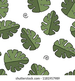 Hand drawn vector seamless cartoon monstera tropical leaves pattern.