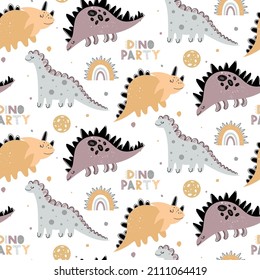 Hand drawn vector seamless childish pattern with cute dinosaurs, rainbow, spots, dino party lettering, planets in scandinavian style. Children's pattern with dinosaurs. Pattern with cute animals.