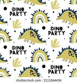 Hand drawn vector seamless childish pattern with cute dinosaurs, plants, rainbow, dino party lettering, planets in scandinavian style. Children's pattern with dinosaurs. Pattern with cute anima
