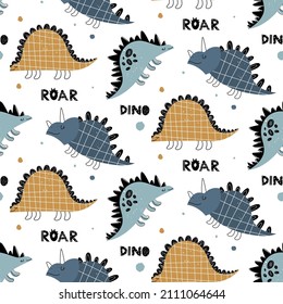 Hand drawn vector seamless childish pattern with cute dinosaurs, spots, lettering in scandinavian style. Children's pattern with dinosaurs. Pattern with cute animals.