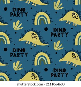 Hand drawn vector seamless childish pattern with cute dinosaurs, rainbow, plants, spots, dino party lettering in scandinavian style. Children's pattern with dinosaurs. Pattern with cute animals.