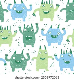 Hand drawn vector seamless childish pattern with cute green monsters. Children's pattern with monsters.